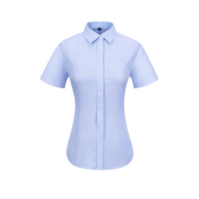 China 100% Cotton RTS Anti-Pilling Short Sleeve Business White Blue Thin Striped Formal Shirt Non Iron Dress Shirt For Women for sale