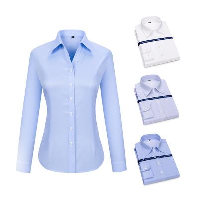 China RTS Anti-Pilling Twill Business Tuxedo Shirt Solid Blue 100% Cotton Women's Anti-Wrinkle Non Iron V-Neck Dress Shirt For Women for sale