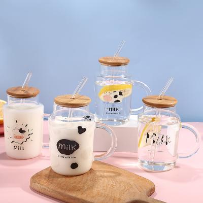 China Contemporary Creative Cute High Temperature Resistant Household Straw Drinking Cup Breakfast Milk Transparent Glass Mug for sale