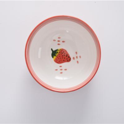 China Small Strawberry Pink Pattern Fruit Salad Viable Nordic Fresh Bowl Household Ceramic Noodle Bowl for sale