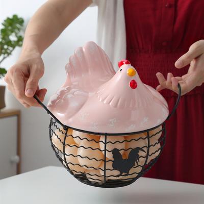 China Household Cartoon Animals Hen Modeling Ceramic With Lids Storage Iron Basket Viable Fruit Vegetable Can Be Installed for sale