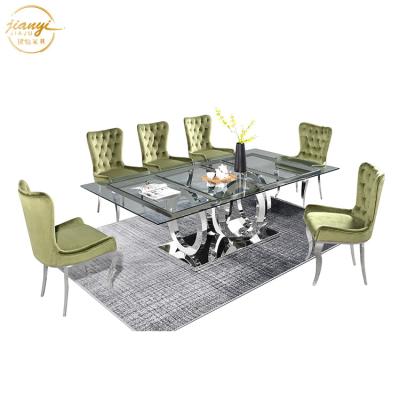 China OEM Italian High End Modern Luxury Glass Dining Table 6 Seats Stainless Steel Dining Room Furniture for sale