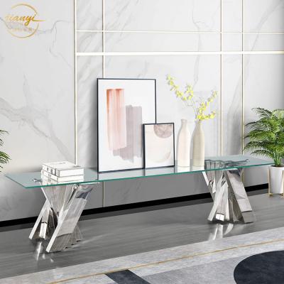 China Decoration Living Room Luxury Stainless Steel TV Stand Glass Top Bracket for Home and Hotel for sale