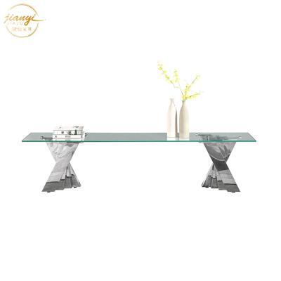 China Hot Selling High Gloss OEM Tempered Glass TV Stand Living Room Stainless Steel TV Stand for sale