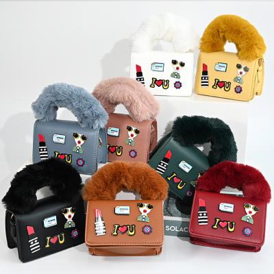 China Fashion 8 Colors Mini Children Kids Graffiti Girls Mobile Sling Bag Square Purse With Fur Handle for sale