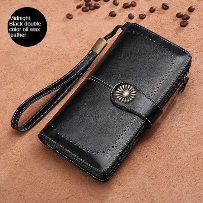 China Waterproof 2021 New Women Long Wallets Oil Lady Border Wholesale Zipper Waterproof Retro Wax Leather Wallet for sale