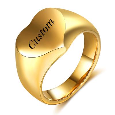 China FASHIONABLE Popular 18K Gold Plated Stainless Steel Custom Name Engraved Big Signet Chunky Heart Logo Ring for sale