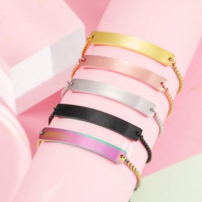 China Hiphop Mirror Stainless Steel Rectangle Box Adjustable Long Chain Curved Bar Engraving Mirror Stainless Steel Bracelet for sale