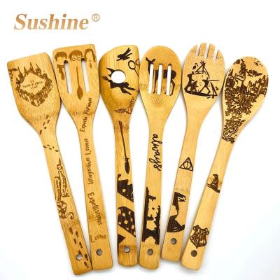 China Nature Spoon And Spatula Stocked Bamboo Cooking Utensil 6pcs Set With Customized Laser Logo for sale