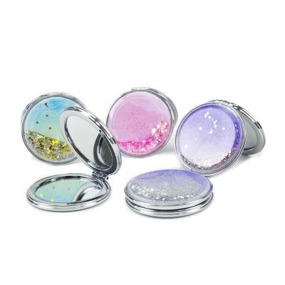 China Double Sided Customized Liquid Round Mirror New 2022 Logo Hand Mirror Quicksand Compact Mirror Water Makeup for sale