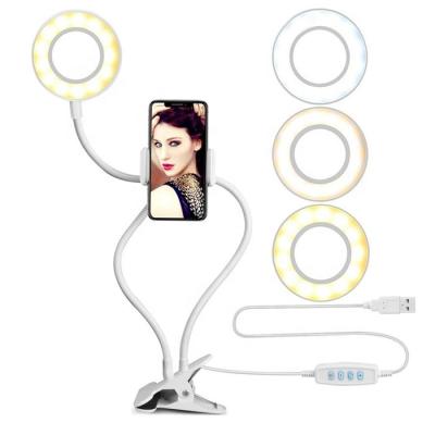 China With Cell Phone Holder Hot Sale Small Clip On Desk 3-Light Mode Led Stand Selfie Ring Light For Video Chat Live Broadcasting With Flexible Phone for sale