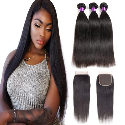 China Smooth Gently Shed Deep Barely 3 Bundles With Closure Brazilian Straight Hair Bundles With Closure 8A Non Remy Hair Human Hair Extensions for sale