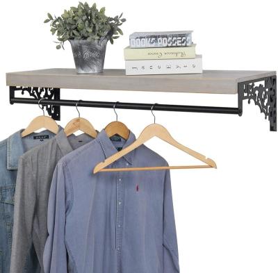 China Wall Mounted (Height) Adjustable Rustic Gray Wood and Decorative Black Metal Floating Shelf With Garment Hanging Rod for sale