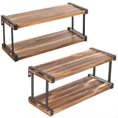 China Floating Shelves (Height) Adjustable Rustic Wooden Wall Mounted Shelf 2 Tier With Black Metal Brackets for sale