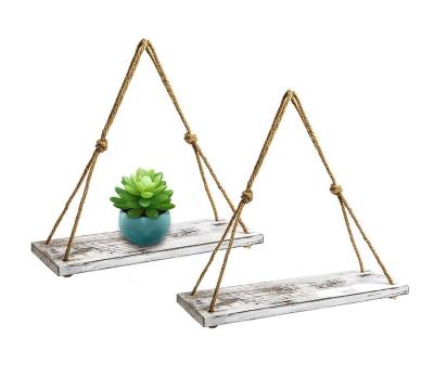 China Farmhouse Rustic Adjustable White Rope Hanging (Height) Floating Shelves with 4 Hooks for sale