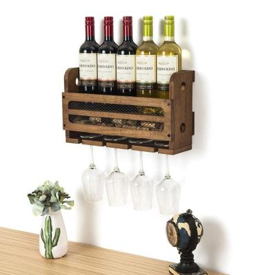 China Sustainable Wall Mounted Wooden Wine Rack 5 Wine Bottles And Wine Cork Storage Rack Decor 4 Stem Glass Holder for sale