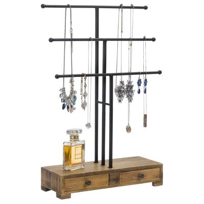 China Sustainable 3-Tier Black Metal T-Bar Jewelry Necklace Display Stand With Wooden Base And Ring Drawers for sale