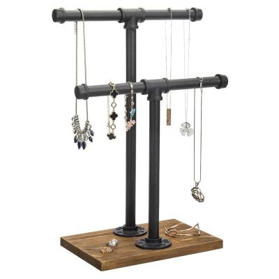 China Sustainable Urban Rustic 2-Tier Industrial Wooden Pipe and Brown Metal 2-Tier T-Bar Necklace Jewelry Rack for sale