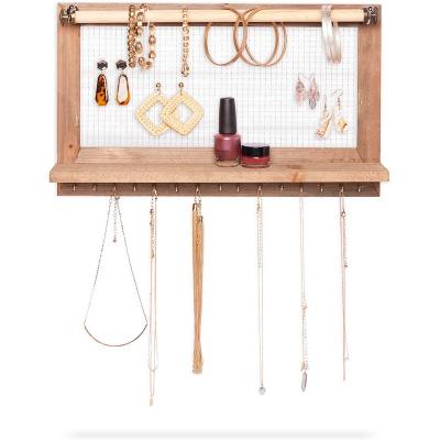 China FirWood Hanging Jewelry Organizer, Rustic Wood Wall Display Decor (15.75 x 9.3 x 2.75 in) for sale