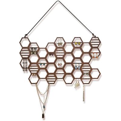 China FirWood Holder Honeycomb Earring Organizer Wall Mount Earring Show Wooden Jewelry Organizer For Stud Earrings for sale