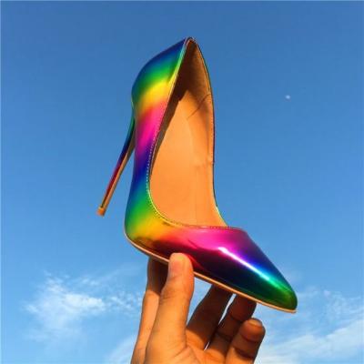 China Lightweight Rainbow Praise Club Pumps Multi-Colors Leather Stiletto High Heels Pointed Toe Pumps Shoes Stock for sale