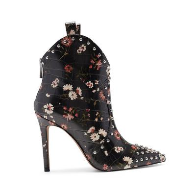 China Fashion Trend Led Sexy Thin Toe High Heel Floral Booties Ankle Boots Women for sale