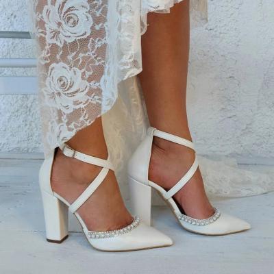 China Chunky Block Sepatu High Heel Ankle Strap Perfect White Ivory White Light Strap Bridal Wedding Wedding Bridal Shoes For Bride for sale