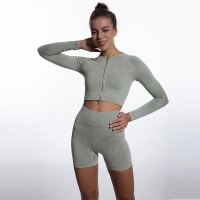 China Breathable Yoga Sand Wash Shorts Fits Casual Seamless Gym Set Fitness Autumn Jacket 2 Piece Long Sleeve Set Women for sale