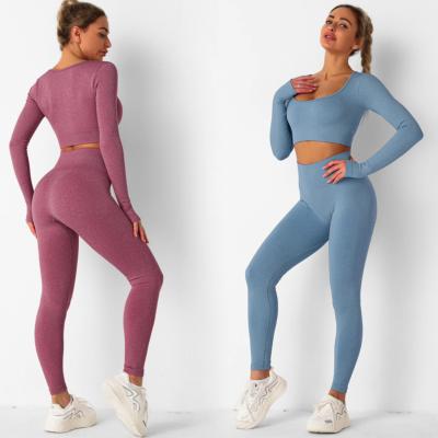 China New Breathable Yoga Sets Fitness Gym Crop Long Sleeve Long Sleeve Equipments Two Piece Set Sports Seamless Top Gaiters for sale