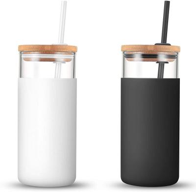 China Silicone 500ml/600ml/750ml Viable Sleeve Protective Glass Water Bottle Glass Cup With Lid And Bamboo Straw for sale