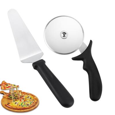 China Sustainable quality stainless steel pizza cutter wheel pizza server set pizza shovel with cutter set with non slip rubber handle for sale