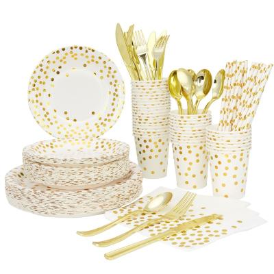 China 200PCS Disposable Disposable Tableware Set Dinner Dessert Paper Party Plates Napkins Cups Gold Plastic Forks Knives Spoons For Birthday for sale