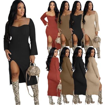 China Washable Solid Square Dress Women Long Neck Drop Spring Sleeve Side Split Elegant Long Casual Dresses for sale