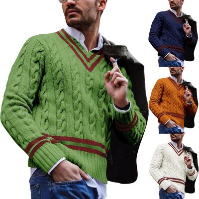 China Winter Striped Color Matching Knitted Men's Anti-pilling V Collar Sweater Men's Sweater Clothing for sale