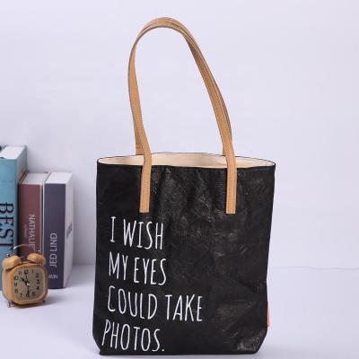 China Small Folding Ladies Beach Bags With Leather Handle, Custom Shopping Logo Printed Reuseable Waterproof Tyvek Tote Bag for sale