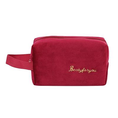 China Organizer With Handle, Lady Simple Design Cosmetic Bag Luxury Travel Toiletry Bag^ Beauty Embroidery Custom Pocket Suede Velvet Makeup Bag^ for sale