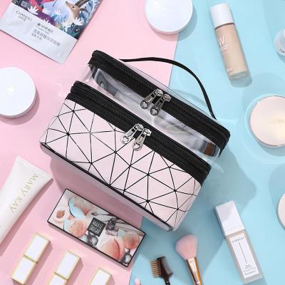 China Cosmetic Organizer With Handle, PVC ENGLAND STYLE Double Layer Factory Direct Wholesale Makeup Bags Clear Cosmetic Bag Custom* for sale