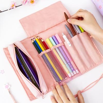 China Schools & Desks Roll Up Fashion Canvas Pencil Roll Wrap Pen Bag Pencil Holder Roll Up Pencil Case Colorful Printing For Girls+ for sale