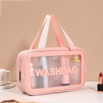 China Lady Promotional Custom Logo Printed Clear Toiletry Bag Cosmetic Toiletry Organizer Pouch PVC Waterproof Travel Makeup Toiletry Bag Holders for sale