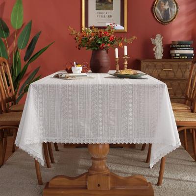 China Hollow White Tablecloth French Cotton Stripe Lace Embroidery Wedding Table Cloth For Home Decoration Wedding Party for sale