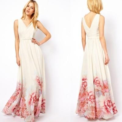 China Eleganter V-Ausschnitt ärmelloser Blumen- Druck-Maxi Bohemian Woman Dress zu verkaufen