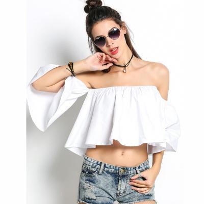 China ladies tops latest design Women Off Shoulder Flare Sleeve Ruffles Solid Crop Tops for sale