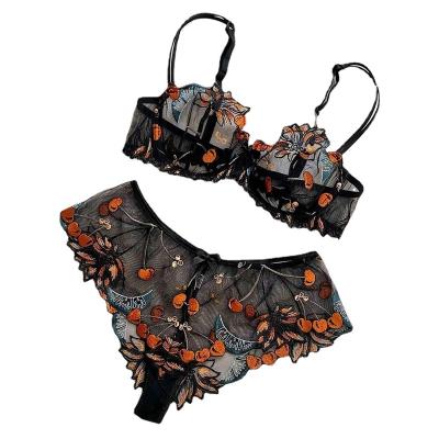 China Sexy women's three-point type with steel ring collected embroidery perspective temptation three-point sexy underwear set for sale