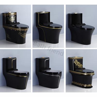 China Double-Flow Household Color Toilet Lavatory Toilet Siphonic Bathroom Commode Black Gold Siphonic One-Piece Toilet for sale