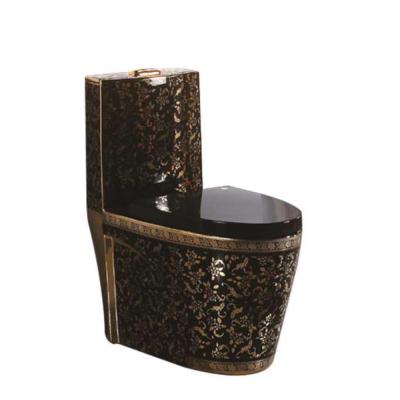 China Double-Flow Chaozhou Factory Custom Black Toiletries Luxury Sanitary Bathroom Plated Double WC Gold Flush One Piece Toilet for sale