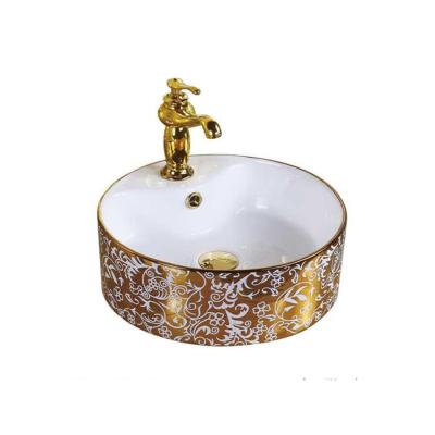 China Luxury Bathroom Sanitary Ware Vanity Round Shape Art Basin Gold Plating Flower Pattern Ceramic Wash Basin Hand Basin for sale