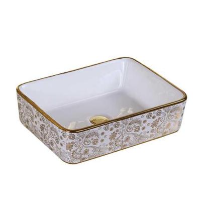 China Art Modern Sanitary Rectangular Basin Gold Plating Shape Ware Bathroom Vanity Counter Top Ceramic Wash Basin for sale