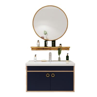 China Luxury Attractive Bathroom Furniture Vanity Cabinet Wall Rack Wash Basin Storage Cabinet With Round Mirror Solid Wood Cabinet for sale