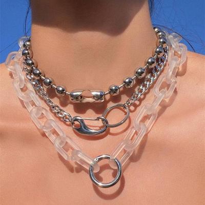 China New Hiphop Style Hip Hop Acrylic Choker Necklace Simple Transparent Silver Beaded Link Chain Long Necklace For Women Jewelry for sale