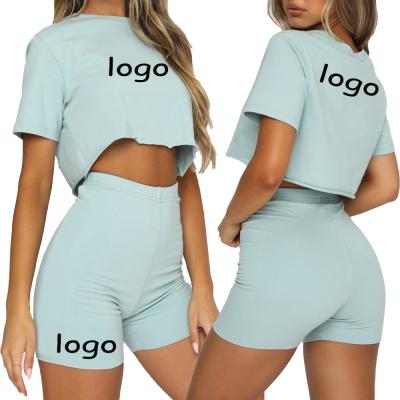 China Breathable Shorts Set Gym Summer Workout Crop Top T Shirts Biker Set Sexy 100% Fitted Cotton Shorts Two Piece Sets For Women for sale